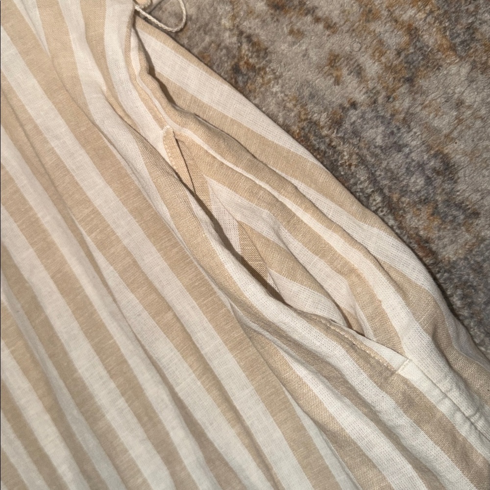 NWT GAP Khaki and White Striped Linen Blend Belted Puff Sleeved Shirt Dress Lg - Picture 6 of 9